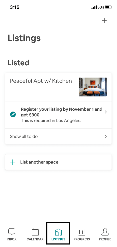 How to add a cleaning fee on the Airbnb App. Step 1: Click "Listings."