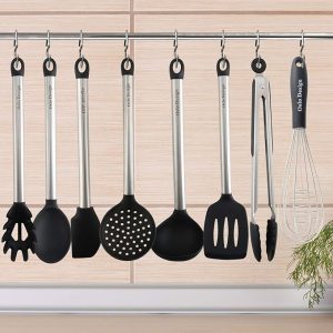 Kitchen Utensil set - 8 Piece Cooking Utensils for nonstick cookware -Made Of Silicone and Stainless Steel -Includes Spoon, Egg Whisk, Serving Tong, Spatula Tools, Pasta Server, Ladle, Strainer