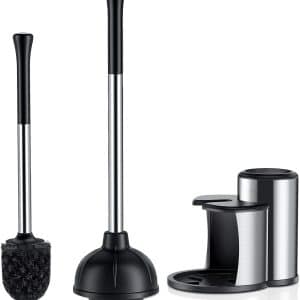 Toilet Plunger and Bowl Brush Set: 2 in 1 Stainless Steel Heavy Duty Toilet Cleaner Plunger with Holder Combo for Bathroom Cleaning - Modern Hideaway Bathroom Accessories with Caddy Stand