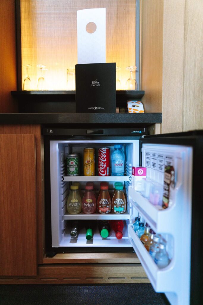 mini-fridge with cold drinks