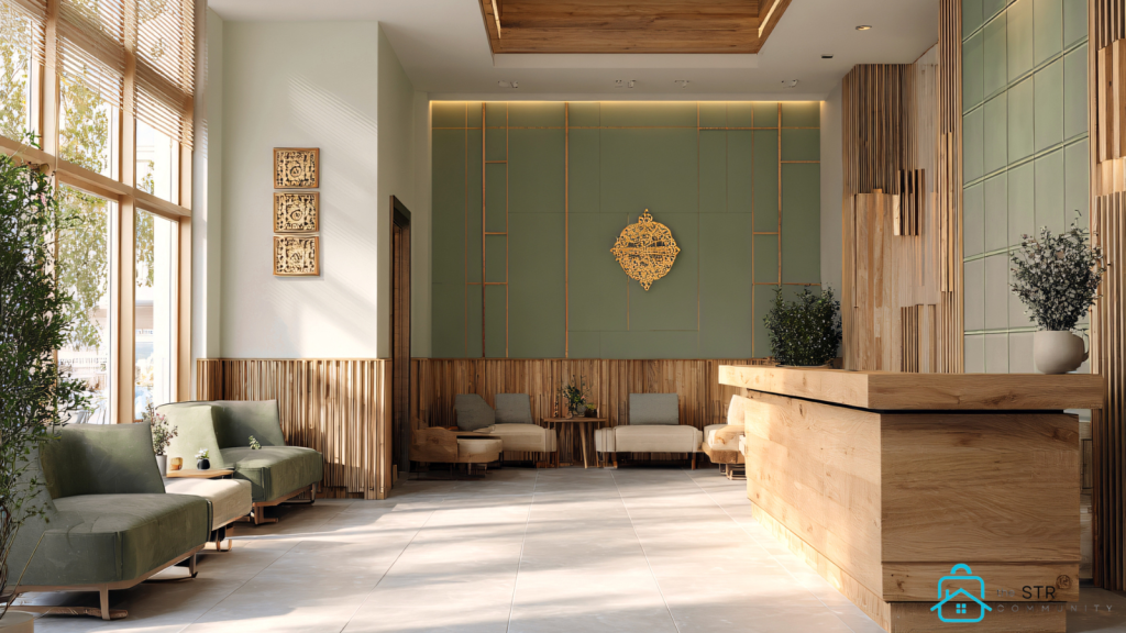 Modern hotel lobby with warm wood tones, illustrating hospitality lessons STR hosts can learn from hotels.
