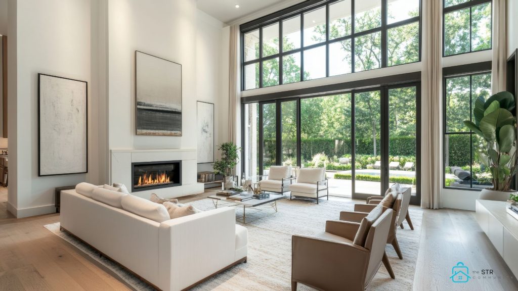 upgraded short-term rental living room with modern design and natural light