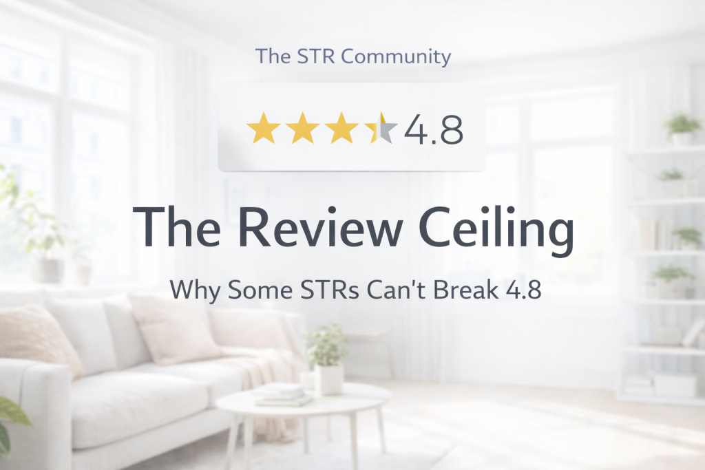 Short-term rental performance graphic showing a 4.8 star review ceiling concept for STR hosts improving guest experience and ratings.