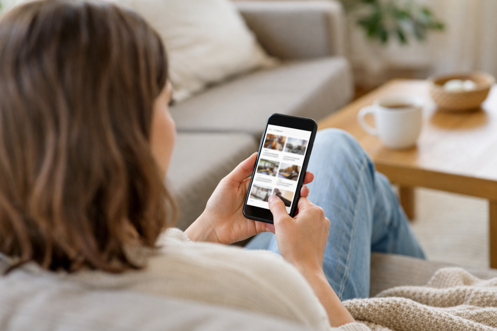 Guest scrolling Airbnb listings on phone in bright living room