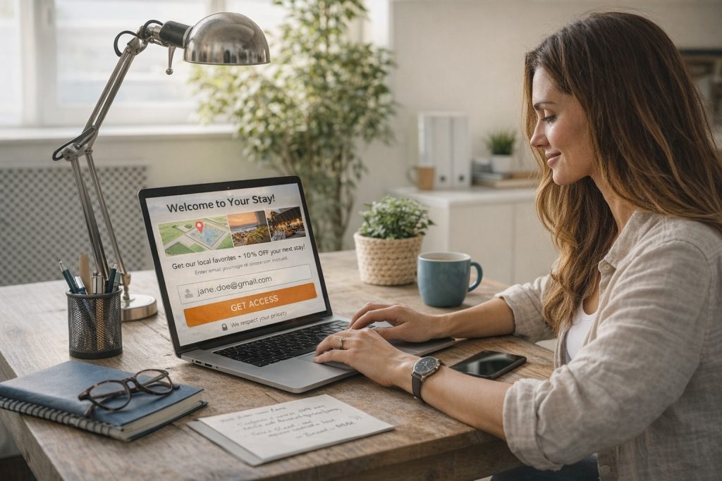 Short-term rental host collecting guest emails through a digital guide on a laptop