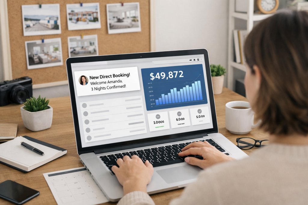 Short-term rental host managing multiple listings and operations from a laptop
