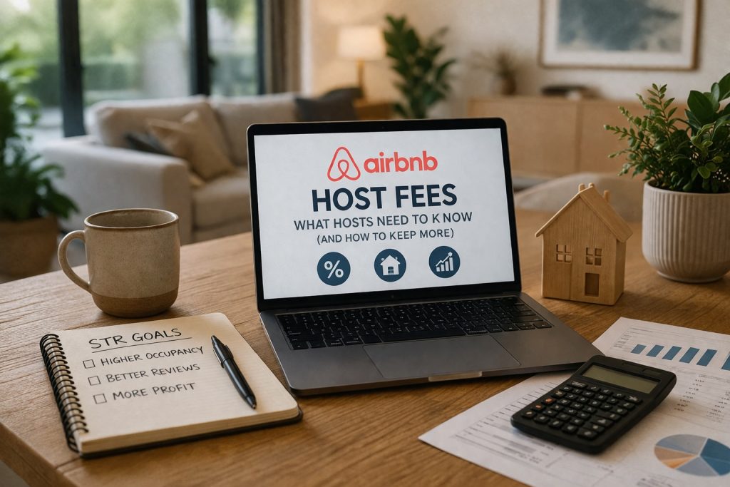 Laptop displaying Airbnb host fees with notebook, calculator, and wooden house model on a desk, representing short-term rental pricing and profit strategy