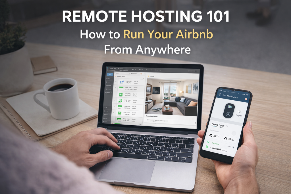 remote airbnb hosting setup using laptop and phone to manage short term rental property from anywhere